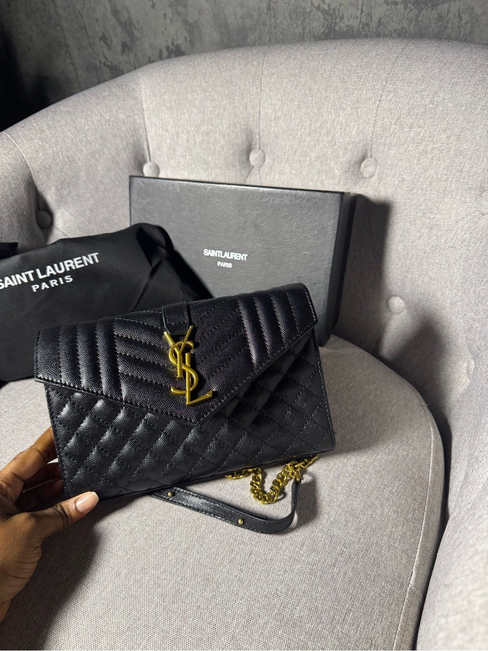 Saint Laurent Black Quilted Leather Crossbody with Gold YSL Chain